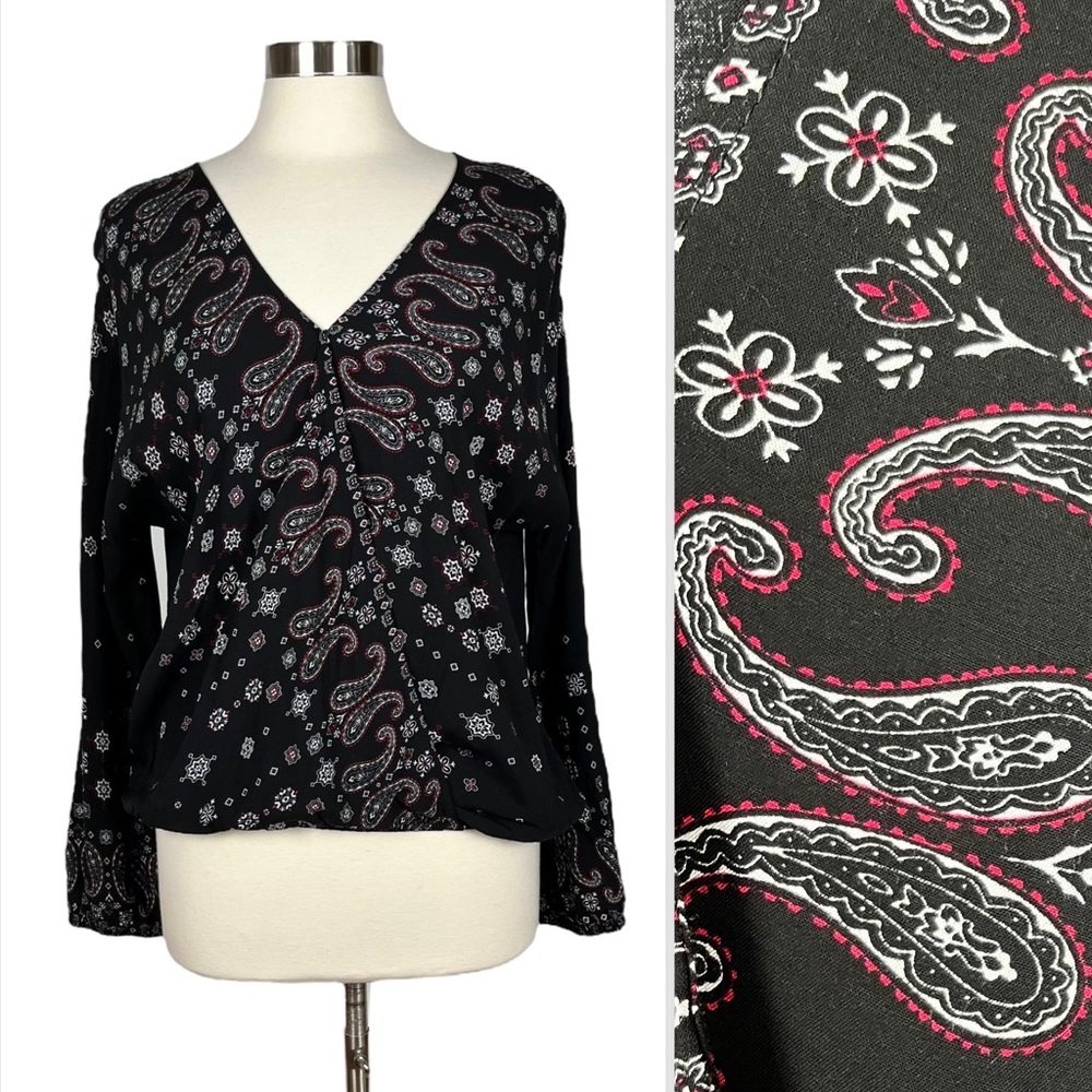 Angela Plus Black, Red, and White Paisley and Floral Crossover Top